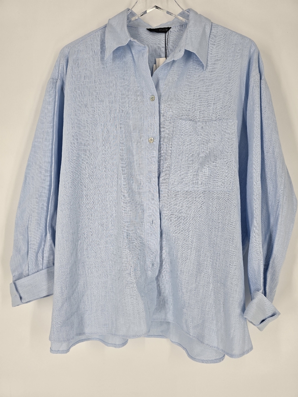 Zara Men's Linen Blend Light Blue Button Down Shirt Size L NEW